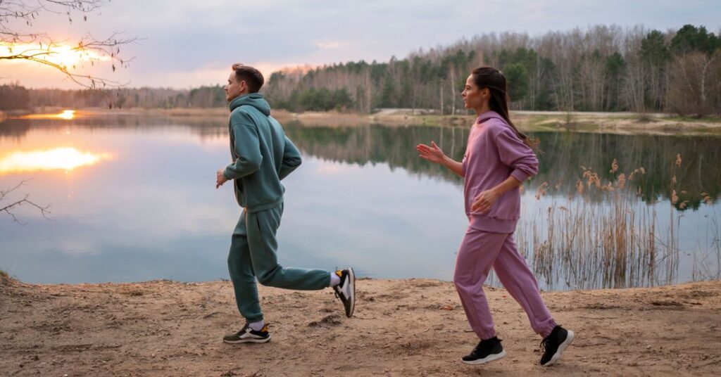 Someone walking in nature or stretching at home.