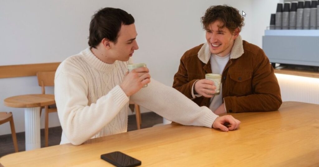Two people talking warmly or a peaceful journaling photo.